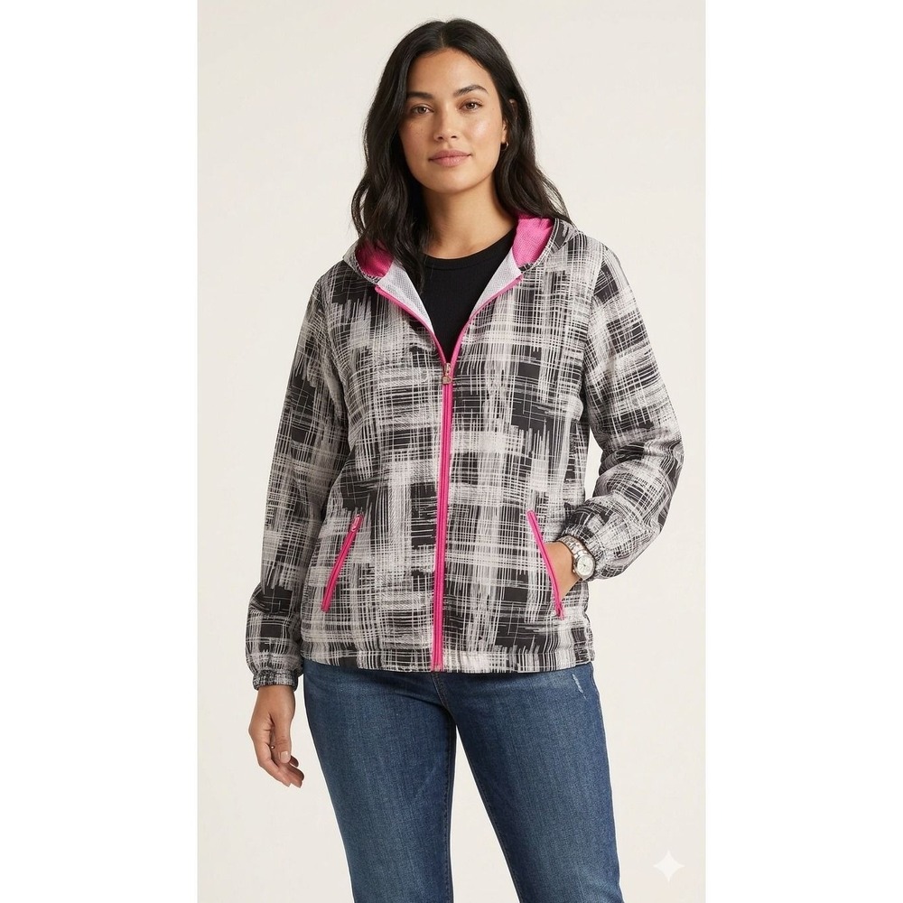 Activology Abstract Grid Pink Trim Hooded Windbreaker Jacket Large Women